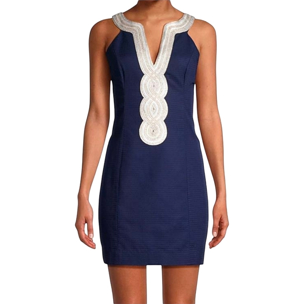 Lilly Pulitzer Valli Navy Shift Mini Dress Silver Gold Metallic Trim 00